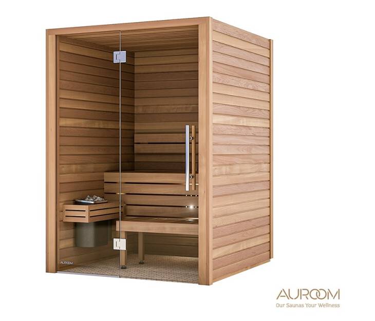 Sauna AUROOM Cala (szklana ściana front) wymiar 150x150x205 z piecem 4,5kW