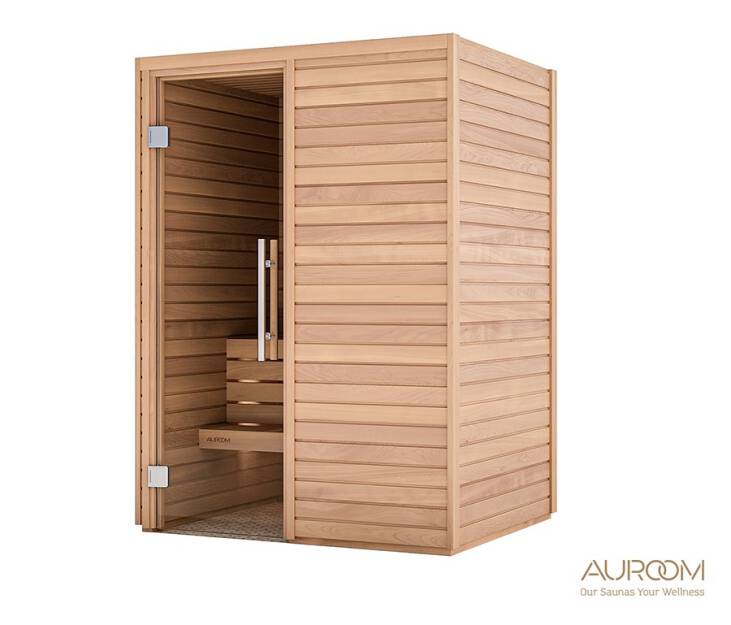 Sauna AUROOM Cala (drewniana ściana front) wymiar 150x150x205 z piecem Huum Cliff ze sterowaniem zew.