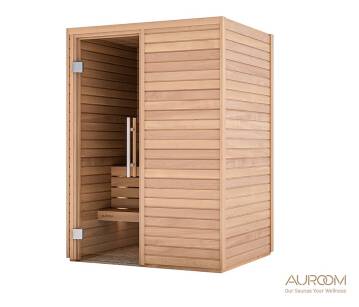 Sauna AUROOM Cala (drewniana ściana front) wymiar 150x150x205 z piecem 4,5kW